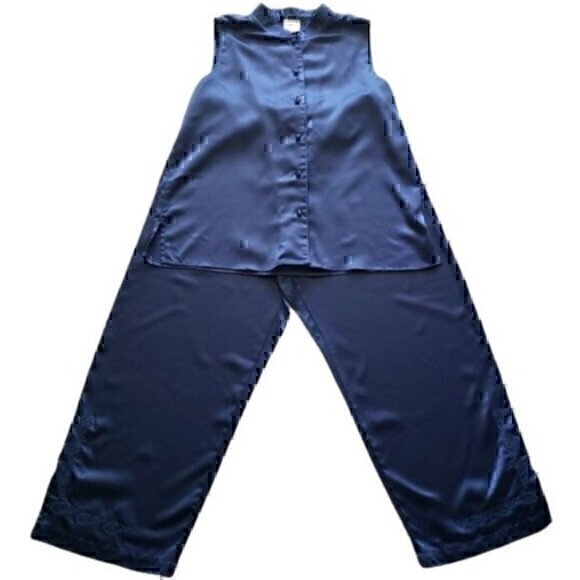 Cabernet Pajama Top Bottom Set Sleeveless Embroidered Blue M - Picture 1 of 9